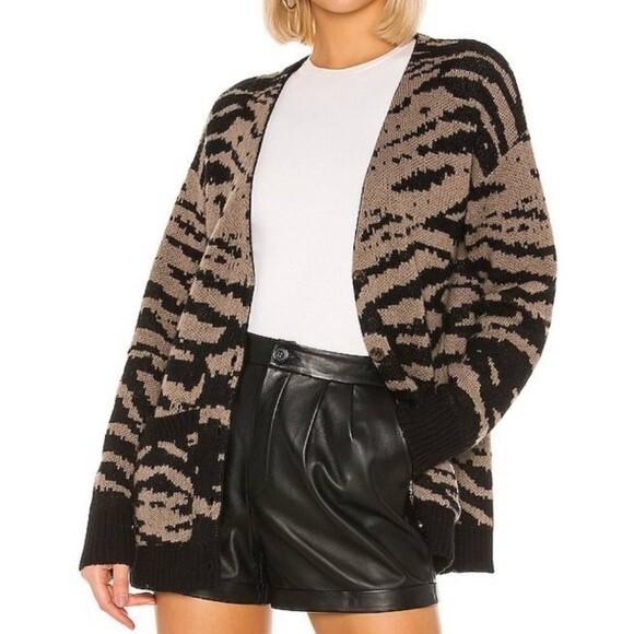 PAM & GELA Black Wool Mohair Tiger Animal Print Cardigan Longline Sweater